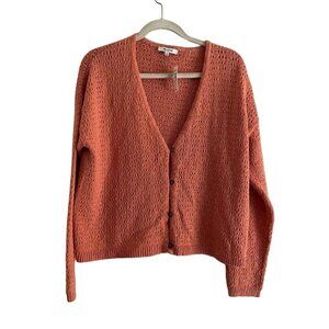 Madewell Wmn XS Coral Orange Cotton V-Neck Crop Open-Stitch Cardigan Sweater NWT